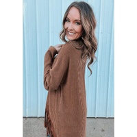 Coffee Waffle Knit Fringed High Low Loose Top - L thumbnail
