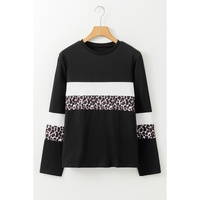White Leopard Colorblock Patchwork Crew Neck Long Sleeve Tee - L thumbnail