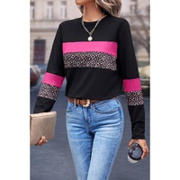 Rose Leopard Colorblock Patchwork Crew Neck Long Sleeve Tee - L thumbnail