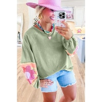 Smoke Green Flower Patchwork Raglan Sleeve Exposed Seam Oversized Top - L thumbnail