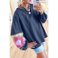 Sail Blue Flower Patchwork Raglan Sleeve Exposed Seam Oversized Top - 2XL thumbnail