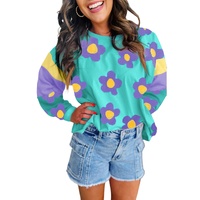 Sky Blue Floral Color Block Long Sleeve Loose Top - L thumbnail