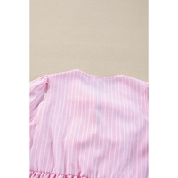 Pink Stripe Bowknot Front Crew Neck Puff Sleeve Blouse - L thumbnail