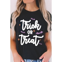 Black Trick Or Treat Bat Print Crew Neck Halloween T Shirt - 2XL thumbnail