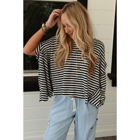 Black Stripe Batwing Sleeve Crewneck Oversized Top - L thumbnail