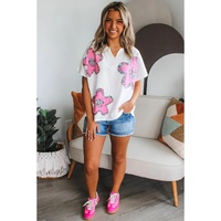 White Floral Applique Notched V Neck Dolman Sleeve Top - XL thumbnail