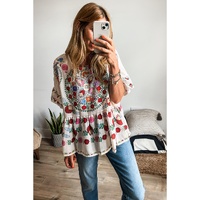 White Boho Floral Print Round Neck Ruffle Trim Blouse - S thumbnail