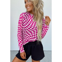 Rose Checkered Pattern Mesh Mock Neck Long Sleeve Top - L thumbnail