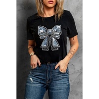 Black Rhinestone Bowknot Graphic Crewneck T Shirt - 2XL thumbnail