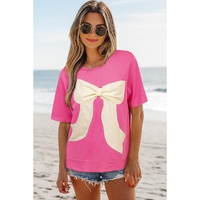 Strawberry Pink Contrasting Color Ribbon Bow Front Patch Loose Tee with Slits - L thumbnail