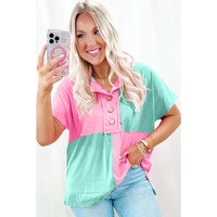 Mint Green Two Tone Half Buttons Collared T Shirt - L thumbnail