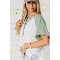 Clearly Aqua Colorblock Raglan Short Sleeve Half Buttons High Low T Shirt - L thumbnail