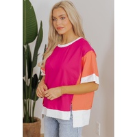 Rose Red Color Block Patchwork Side Slits Loose Fit T Shirt - M thumbnail