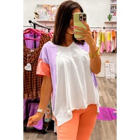 Beige Colorblock Patchwork V Neck Exposed Seam High Low T Shirt - L thumbnail