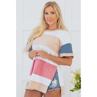Multicolour Colorblock Patchwork Side Split Tunic T Shirt - M thumbnail