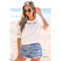 White Lace Crochet Crew Neck Casual T Shirt - M thumbnail