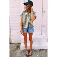 Green Stripe Textured Side Slits Crew Neck T Shirt - L thumbnail