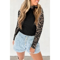 Black Floral Lace Patchwork Long Sleeve High Neck Slim Top - XL thumbnail