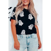 Black Glitter Ghost Pattern Crew Neck Halloween T Shirt - M thumbnail