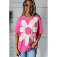 Sachet Pink Contrast Flower Drop Shoulder Loose T Shirt - L thumbnail