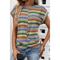 Multicolour Striped Pattern Twist Hem Short Sleeve Top - L thumbnail