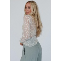 White Sheer Floral Lace Long Sleeve Slim Fit Top - L thumbnail