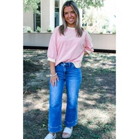 Pink Striped 3/4 Sleeve Drop Shoulder Top - L thumbnail