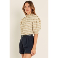 Beige Textured Mock Neck Short Sleeve Blouse - XL thumbnail