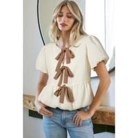White Textured Bow Ties Front Bubble Hem Puff Short Sleeve Blouse - L thumbnail