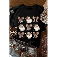 Black Santa Claus Leopard Bow Print Crew Neck Casual T Shirt - M thumbnail