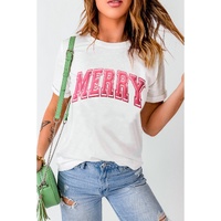 White MERRY Letter Christmas Crew Neck Short Sleeve Top - XL thumbnail