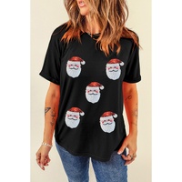 Black Sequin Christmas Claus Pattern Crewneck T Shirt - M thumbnail