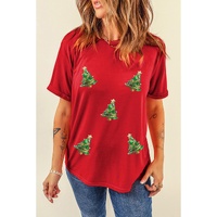 Red Sequined Christmas Tree Graphic Crewneck T Shirt - S thumbnail