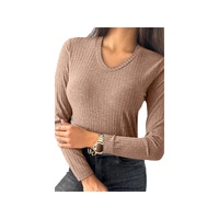 Straw Yellow Ribbed Knit V Neck Long Sleeve Slim Fit Top - M thumbnail
