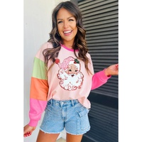 Pink Christmas Santa Claus Graphic Colorblock Patchwork Top - L thumbnail