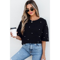 Black Pearl Beaded  Drop Shoulder Crewneck T Shirt - L thumbnail
