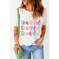 White Thankful Printed Crewneck Thanksgiving T Shirt - 2XL thumbnail