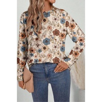 Khaki Floral Print Loose Crew Neck Long Sleeve T Shirt - L thumbnail