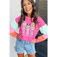 Rose Red Nutcracker Merry Christmas Graphic Colorblock Long Sleeve Tee - XL thumbnail