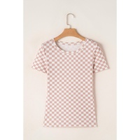 Pink Checkered Ribbed Slim Fit Crew Neck T Shirt - S thumbnail