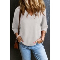 White Solid Color Corded Drop Shoulder 3/4 Sleeve V Neck Top - L thumbnail