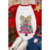 White Leopard Bow Decor Christmas Tree Graphic Crew Neck Tee - 3XL thumbnail