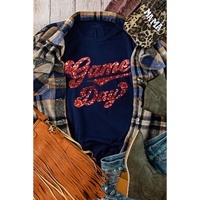Blue Glittering Game Day Graphic Cuffed Sleeve Crew Neck T Shirt - M thumbnail