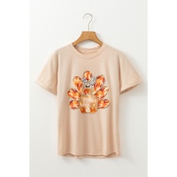 Khaki Thanksgiving Bowknot Turkey Graphic Crewneck Tee - L thumbnail