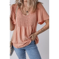 Fushia Smocked Front V Neck Pleated Babydoll Short Sleeve Top - L thumbnail