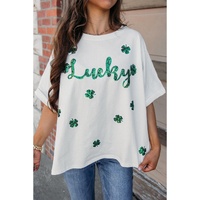 White St Patrick Lucky Clover Sequin Graphic T Shirt - M thumbnail