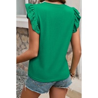 Dark Green Embroidered Ruffled Sleeve Slim Fit Crew Neck Top - L thumbnail