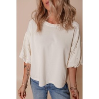 White Pearled Puff Sleeve Round Neck Loose Top - L thumbnail