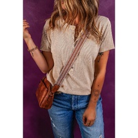 Oatmeal Short Sleeve Half Button Ribbed Knit Top - L thumbnail