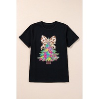 Black Heat Transfer Printing Christmas Tree Bowknot T-Shirt - M thumbnail
